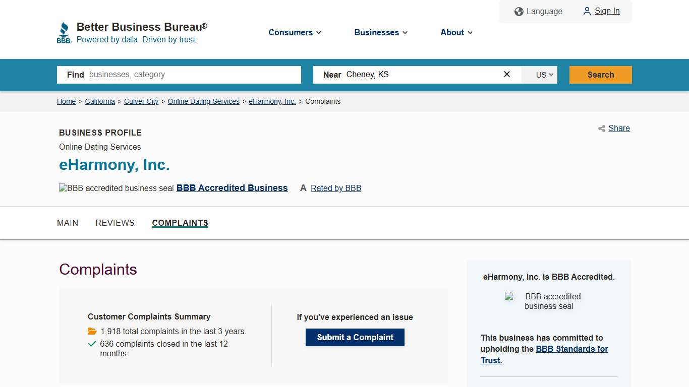 eHarmony, Inc. | BBB Complaints | Better Business Bureau